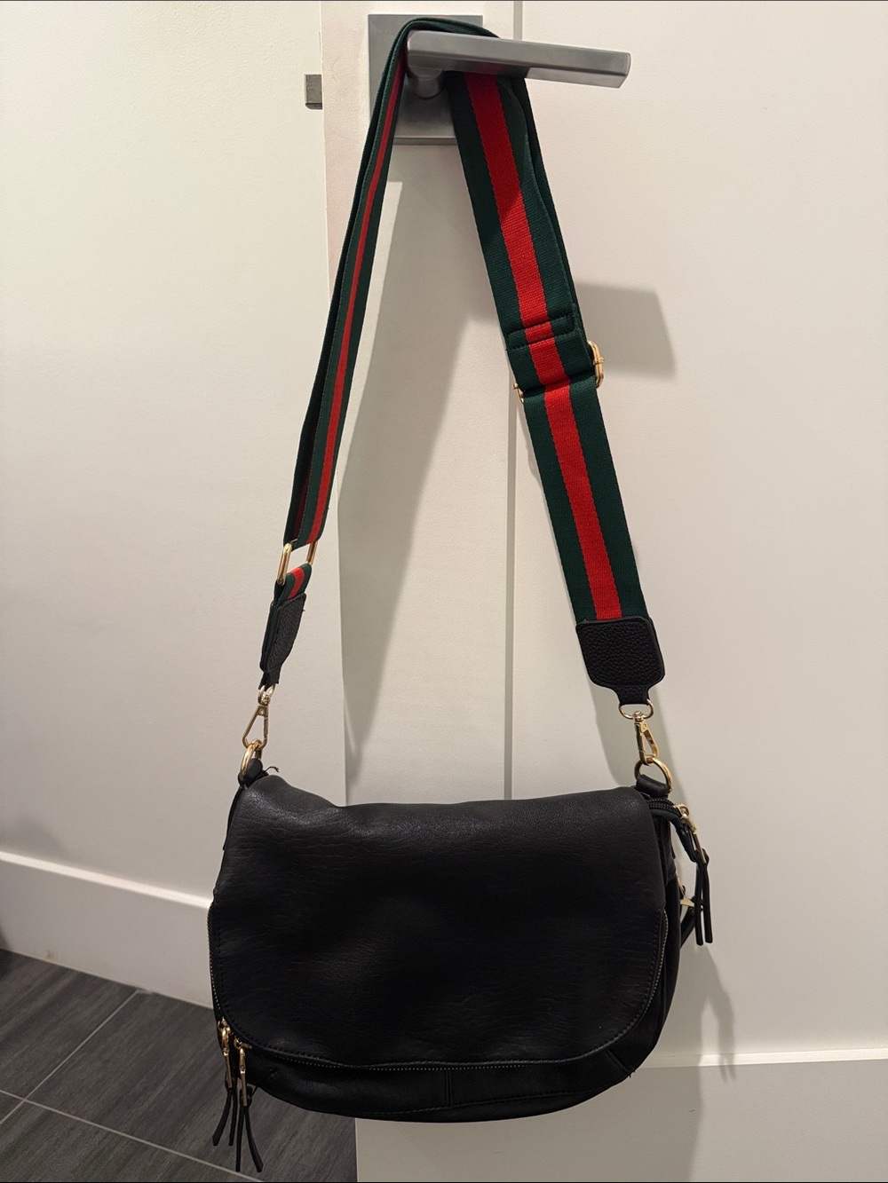 Mystique Boutique Black Crossbody with Red and Green Stripe Strap